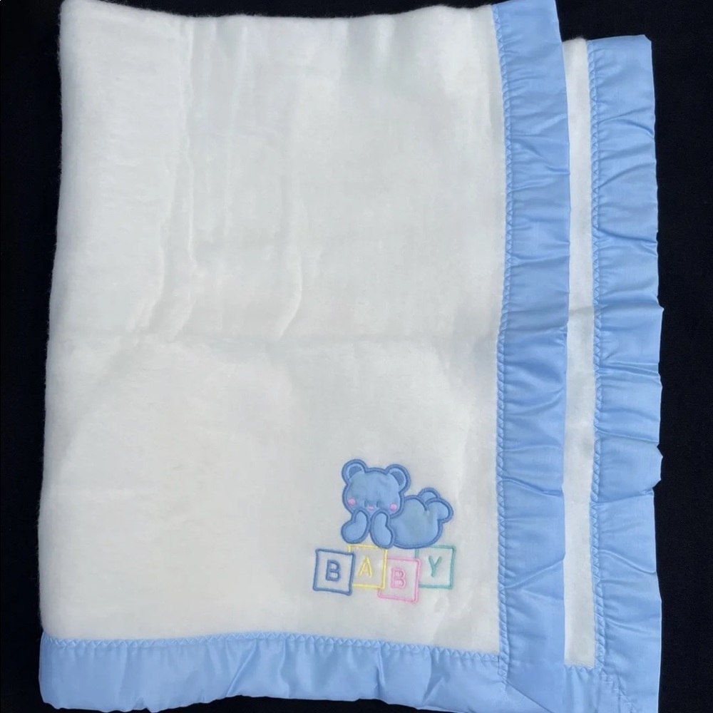 NEW Vintage Baby Blanket by Cuddle Time Acrylic With Blue Satin Trim Teddy Bear